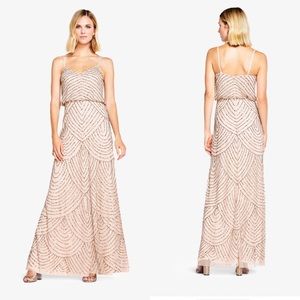 Adrianna Papell Art Deco Beaded Blouson Gown in Taupe Pink